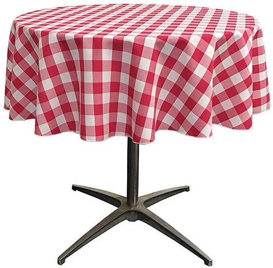 Polyester Poplin Checkered Gingham Plaid Round Tablecloth (White & Fuchsia,