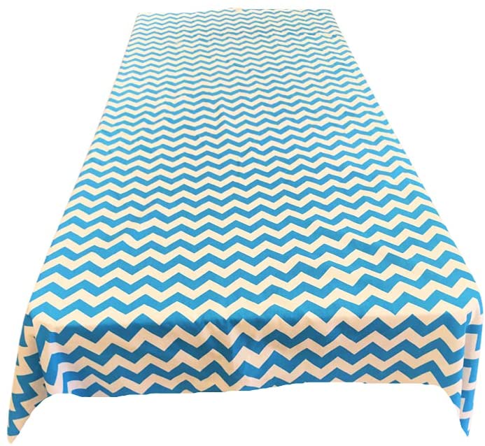 Chevron / Zig Zag Print Poly Cotton Tablecloth (White & Turquoise,