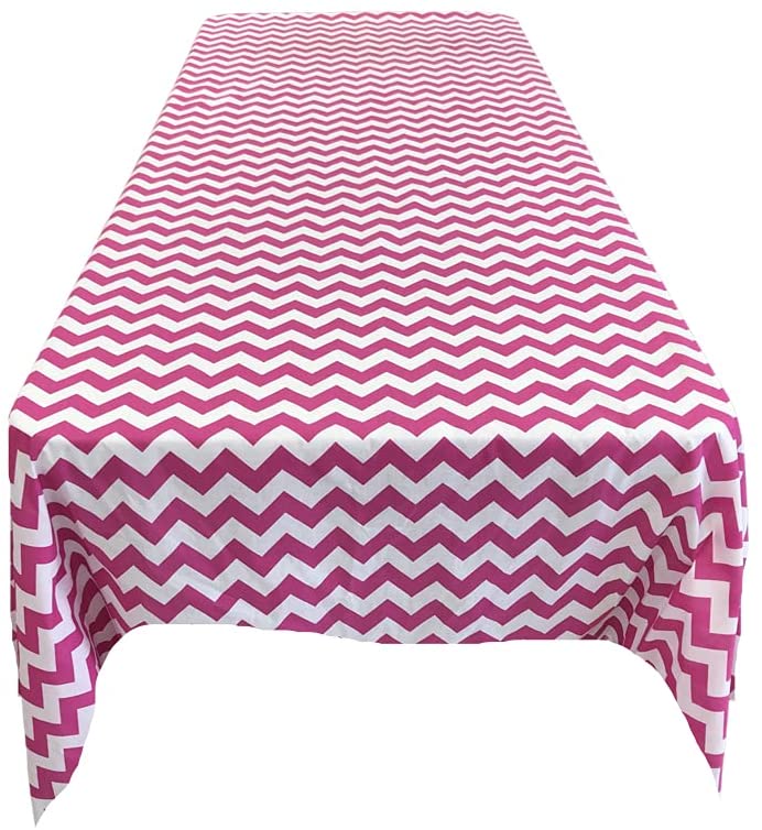 Chevron / Zig Zag Print Poly Cotton Tablecloth (White & Fuchsia,