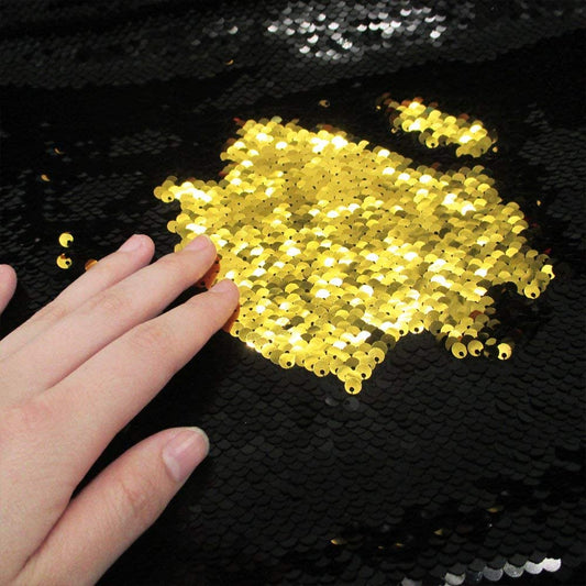 54" Wide Mermaid Flip Up Sequin Reversible Sparkly Fabric for Dress Clothing Making, Home Decor (Black & Gold, by The Yard)