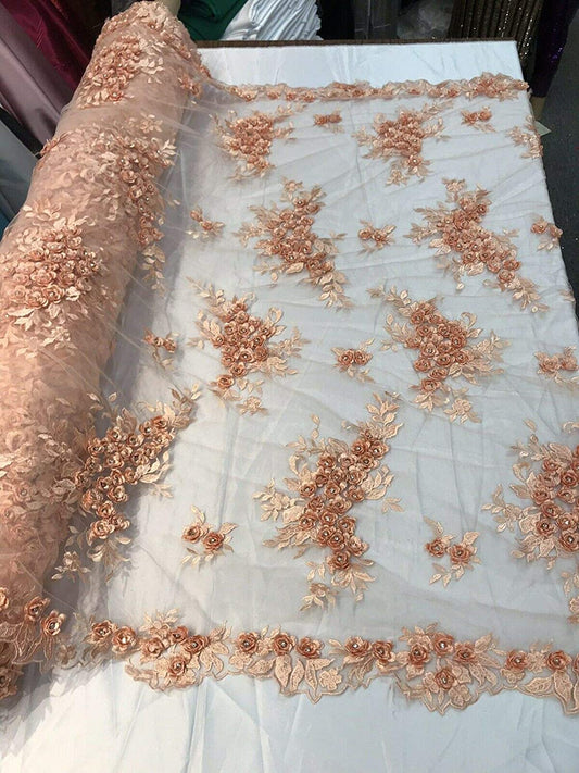 PEACH 3D FLORAL DESIGN EMBROIDERY AND BEADED WITH RHINESTONES ON A MESH LACE.