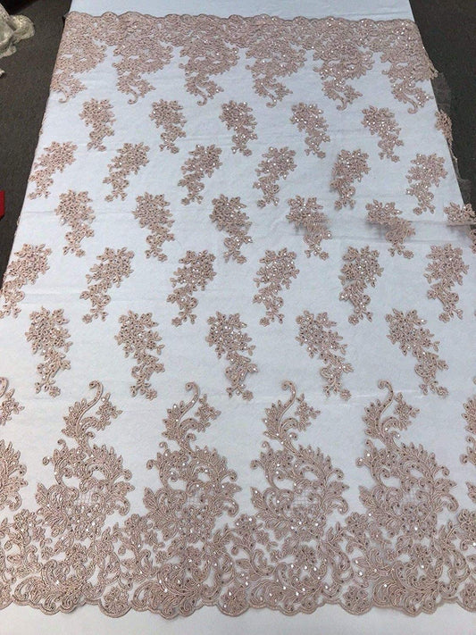Sequins Lace With Cord Embroidery Flower on Mesh Fabric Texture By The Yard. (Blush)