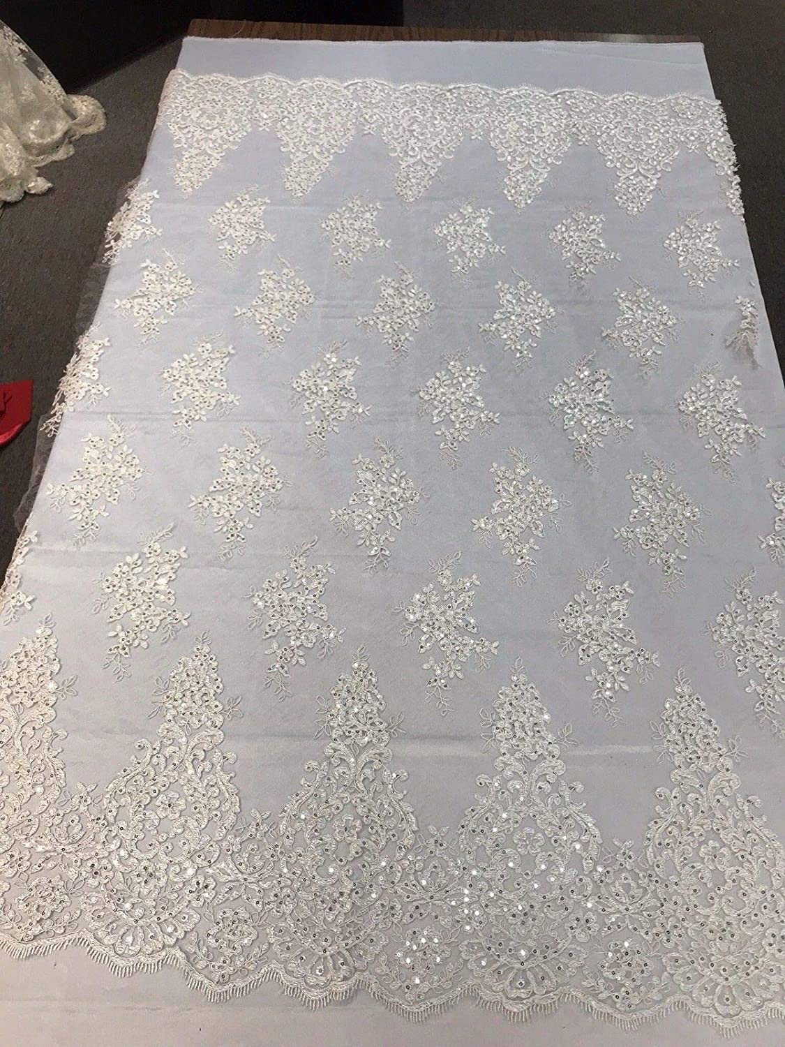 DIAMOND WHITE DAMASK LACE EMBROIDERY ON A TEXTURE MESH-BY YARD.