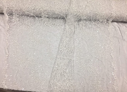 White French Beaded Design Embroider On A Mesh-Prom-nightgown-sold By Yard.