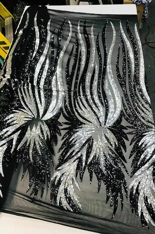 ANGEL WINGS SEQUIN DESIGN ON A 4 WAY STRETCH MESH-PROM-NIGHTGOWN-BY YARD. (ANGEL WINGS By the Yard SILVER-BLACK)