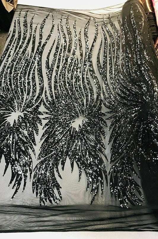 ANGEL WINGS SEQUIN DESIGN ON A 4 WAY STRETCH MESH-PROM-NIGHTGOWN-BY YARD. (ANGEL WINGS By the Yard BLACK-BLACK)