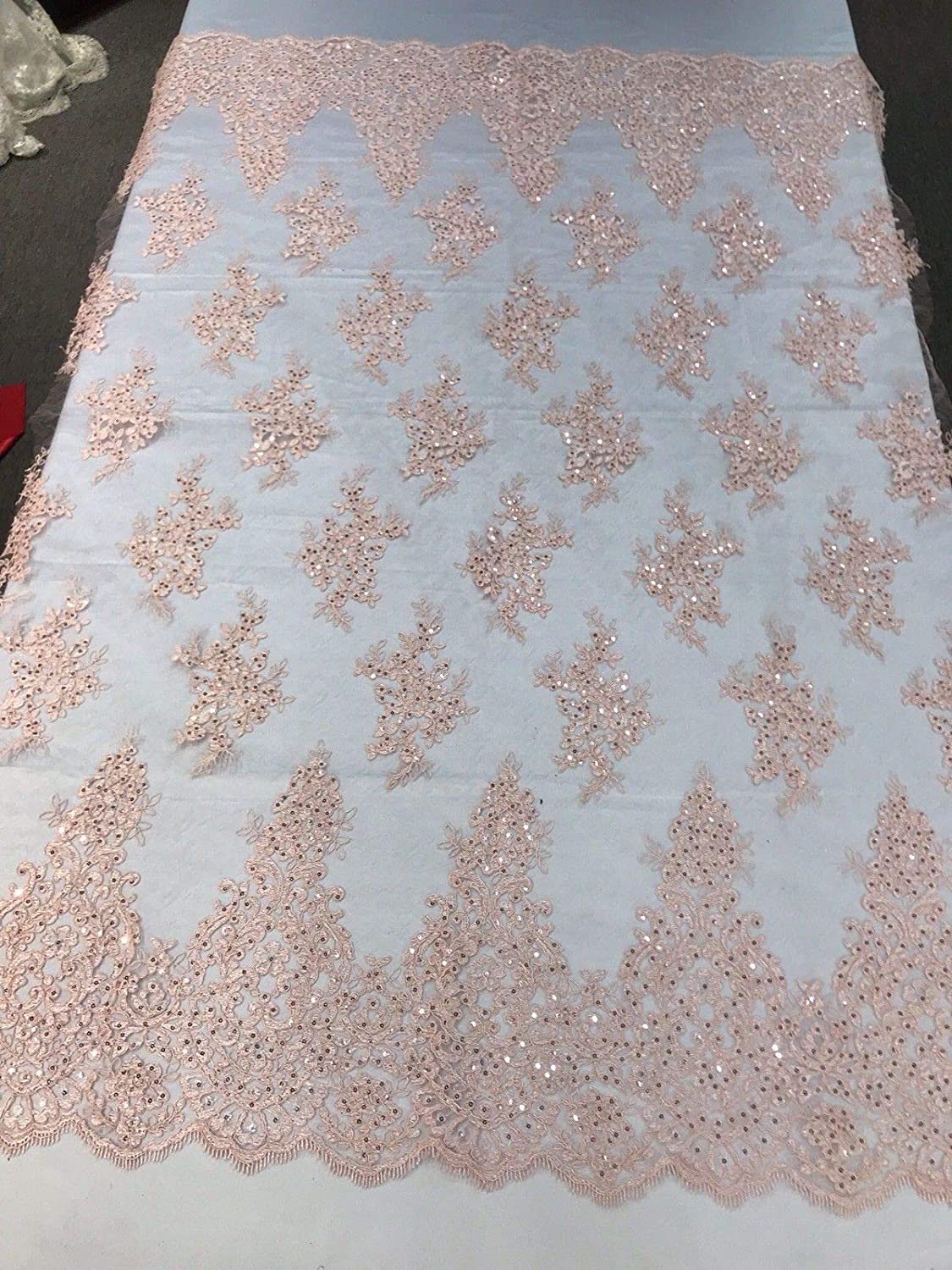 PINK DAMASK LACE EMBROIDERY ON A TEXTURE MESH-BY YARD.