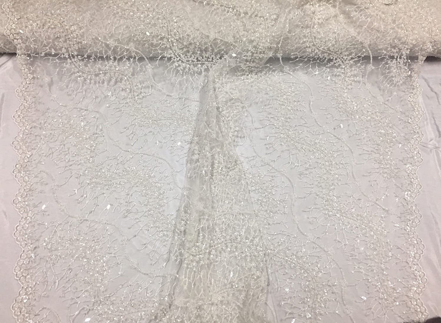 Ivory French Beaded Design Embroider On A Mesh-Prom-nightgown-sold By Yard.