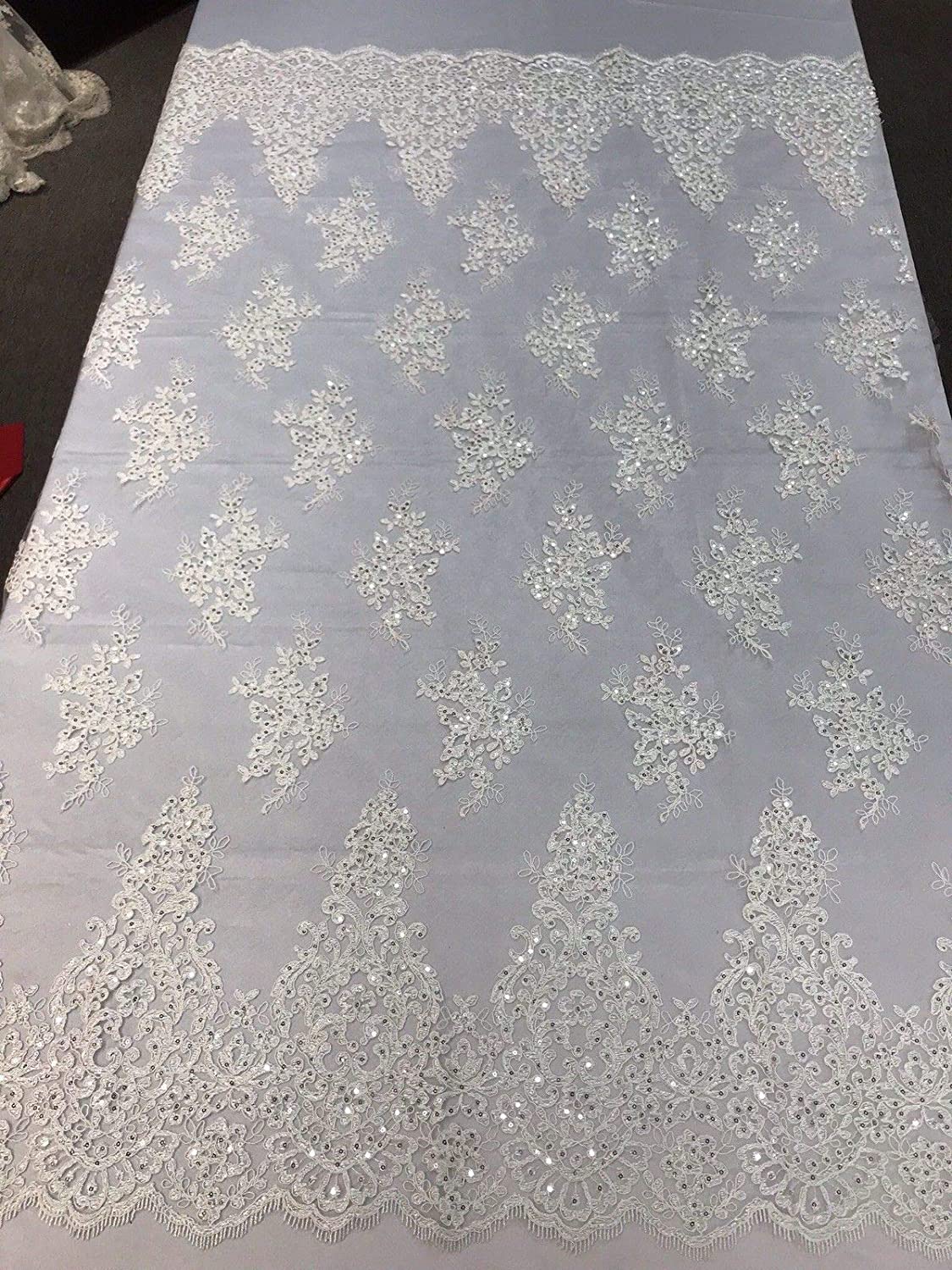 IVORY DAMASK LACE EMBROIDERY ON A TEXTURE MESH-BY YARD.