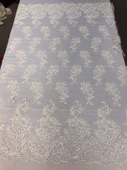 Sequins Lace With Cord Embroidery Flower on Mesh Fabric Texture By The Yard. (Ivory)
