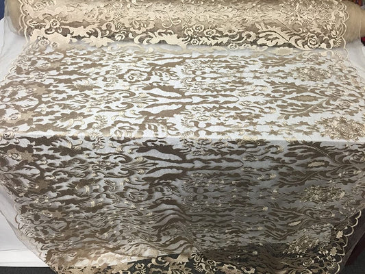 Champagne Damask Design Embroider On A 2 Way Stretch Mesh Lace Fabric-by yard.