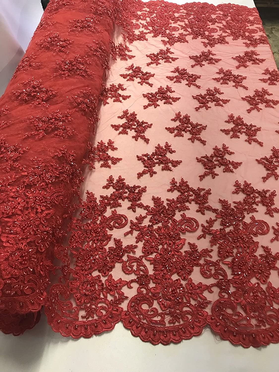 RED FASHION FLORAL DESIGN EMBROIDER WITH SEQUINS AND BEADS ON A MESH-YARD