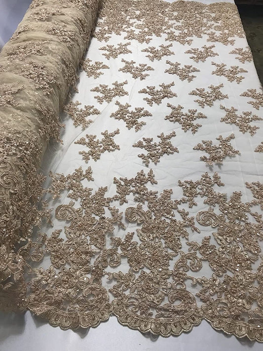 CHAMPAGNE FASHION FLORAL DESIGN EMBROIDER WITH SEQUINS AND BEADS ON A MESH-YARD