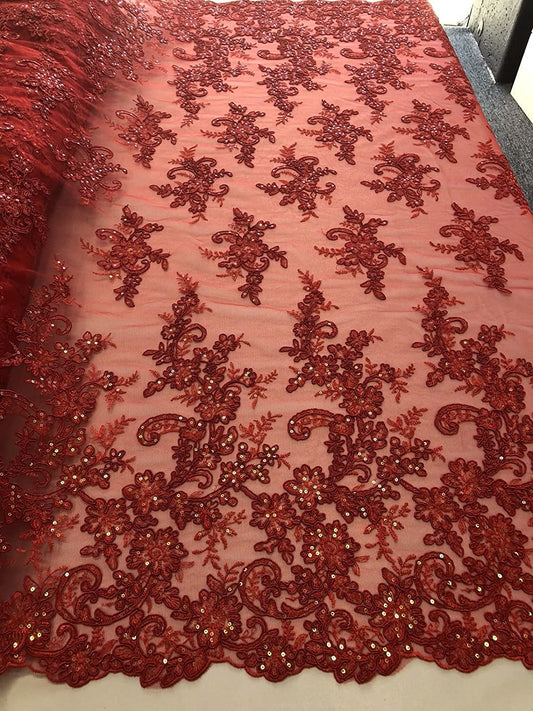RED FLORAL DESIGN EMBROIDERY WITH IRIDESCENT SEQUINS ON A MESH-SOLD BY YARD