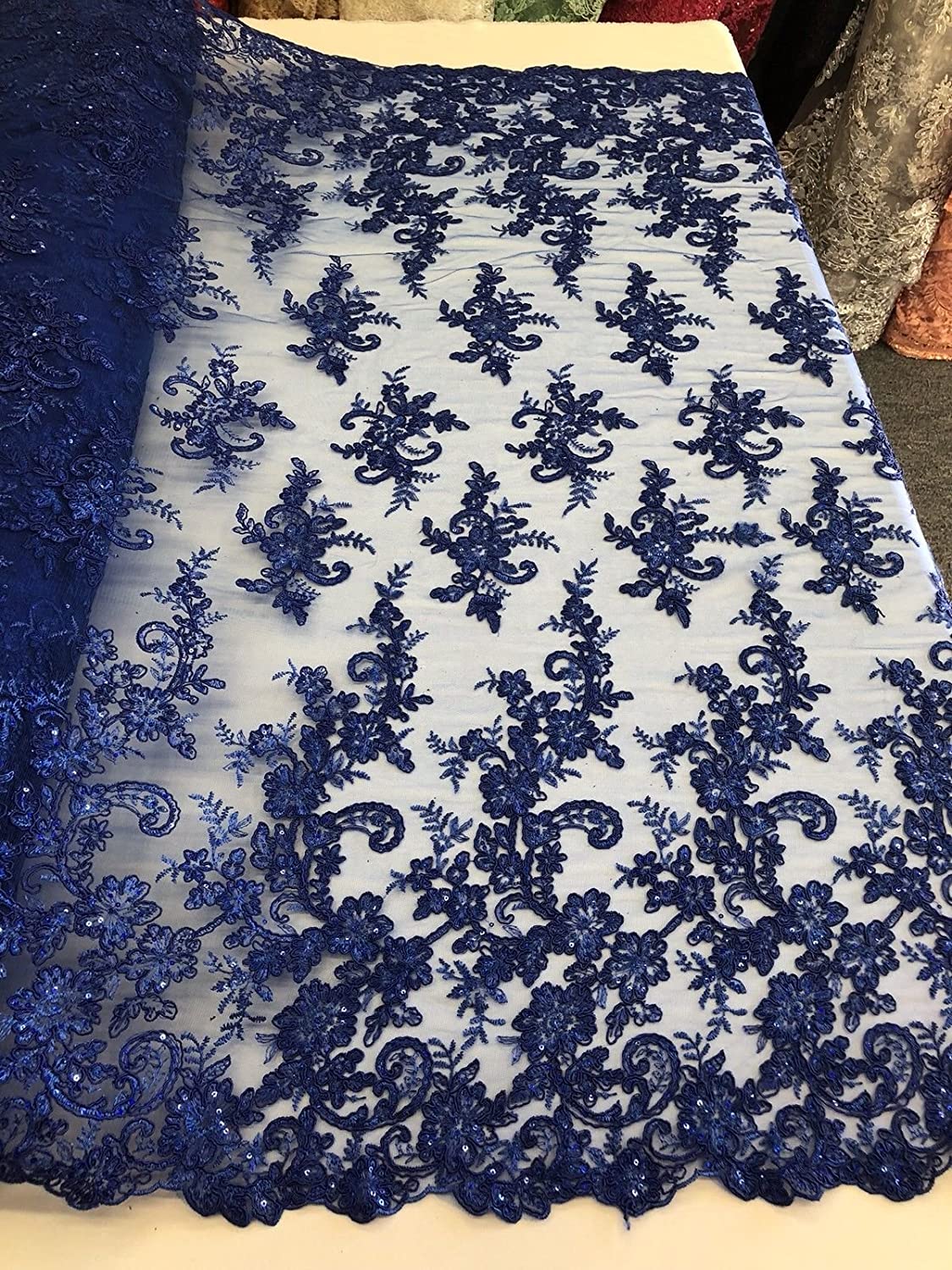 ROYAL BLUE FLORAL DESIGN EMBROIDERY WITH SHINY SEQUIN ON A MESH-SOLD BY YARD
