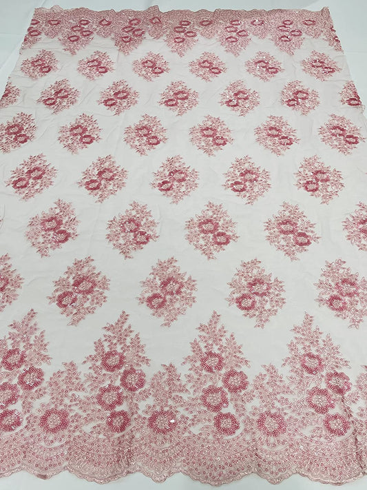 Emma Design Floral Corded Embroider with Sequins, Solid and with Glitter Mesh Lace Fabric (1 Yard, Solid Mesh Pink)