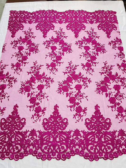 54" Wide Elegant Flower Damask Flat Lace Embroidery On A Mesh (1 Yard, Magenta)