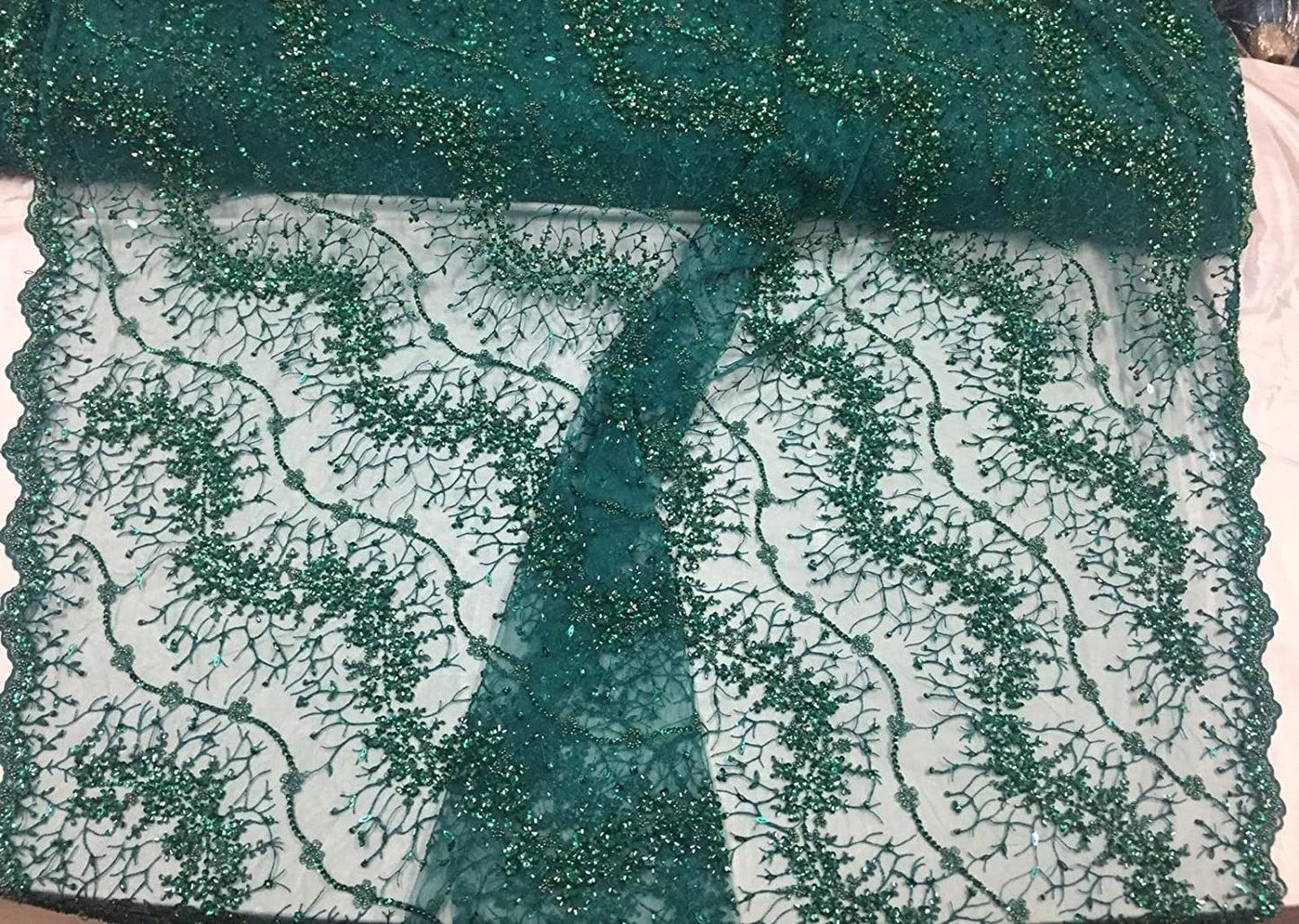 Jade Green French Beaded Design Embroider On A Mesh-Prom-nightgown-sold By Yard.