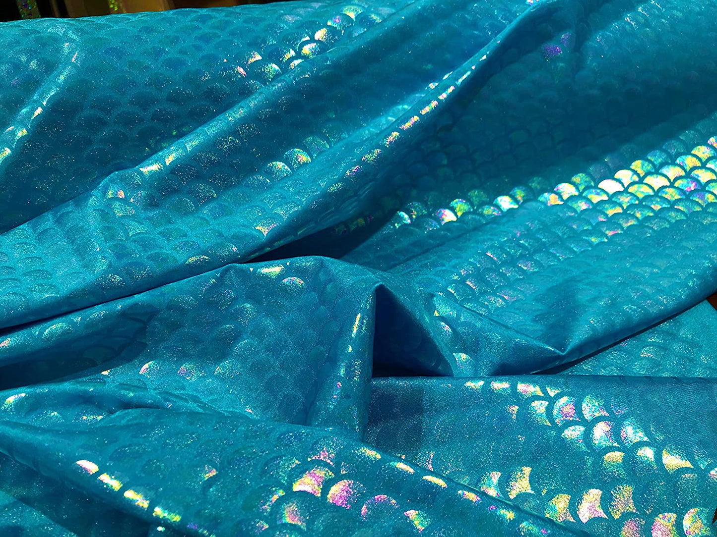 Mermaid Iridescent Illusion Spandex Fabric Fish Scale 4 Way Stretch (Illusion Turquoise, 1 Yard)
