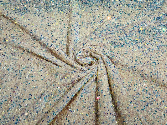 Shiny 5mm Sequin On A 2 Way Stretch Velvet (1 Yard, Clear Iridescent/Blush Pink)