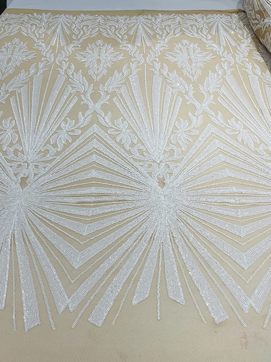 Diamond Damask Design On A Nude 4 Way Stretch Mesh/Prom Fabric (1 Yard, White on Nude)