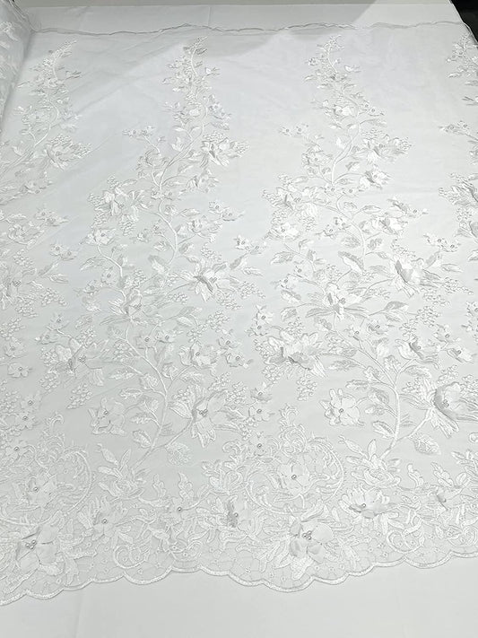 Emily 3-D Floral Design Embroider with Pearls On A Mesh Lace Fabric (1 Yard, White)