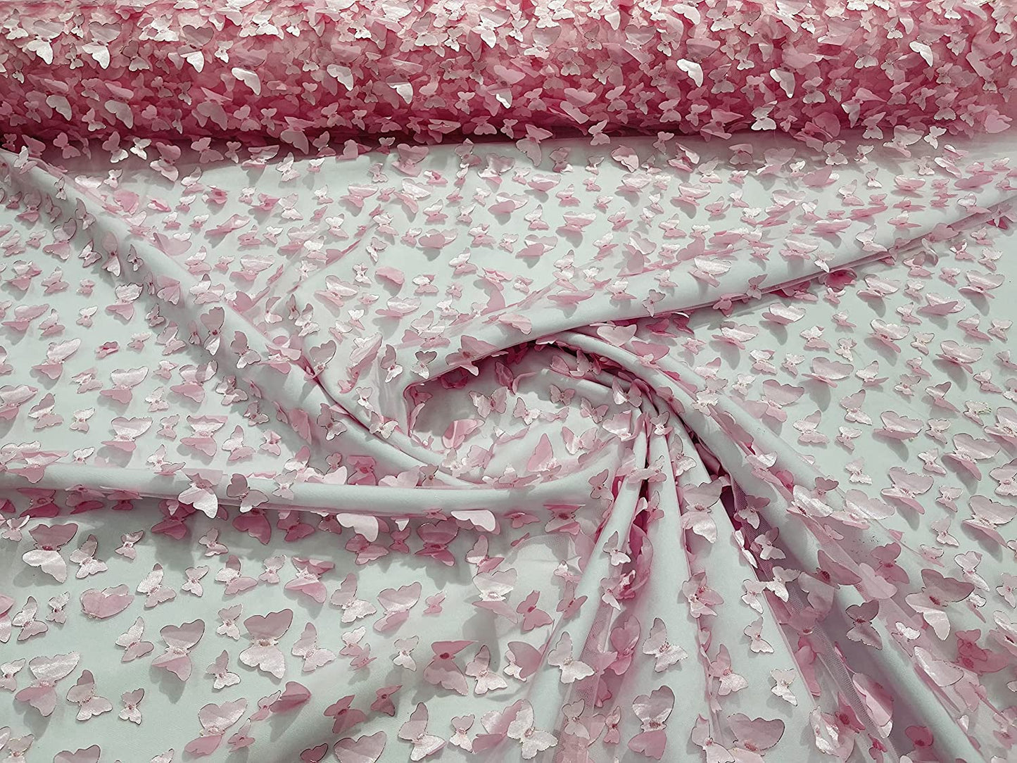 Metallic Edge 3-D Butterfly Design Embroidered On A Mesh Fabric (1 Yard, Pink)