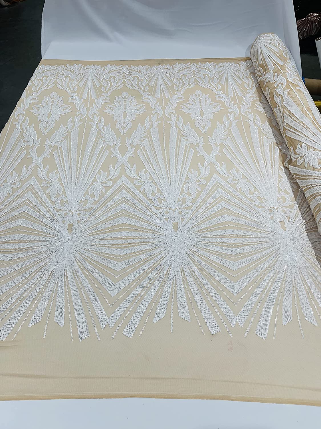 Diamond Damask Design On A Nude 4 Way Stretch Mesh/Prom Fabric (1 Yard, White on Nude)