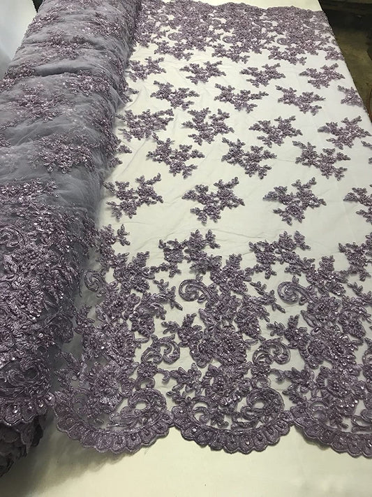 LAVENDER FASHION FLORAL DESIGN EMBROIDER WITH SEQUINS AND BEADS ON A MESH-YARD