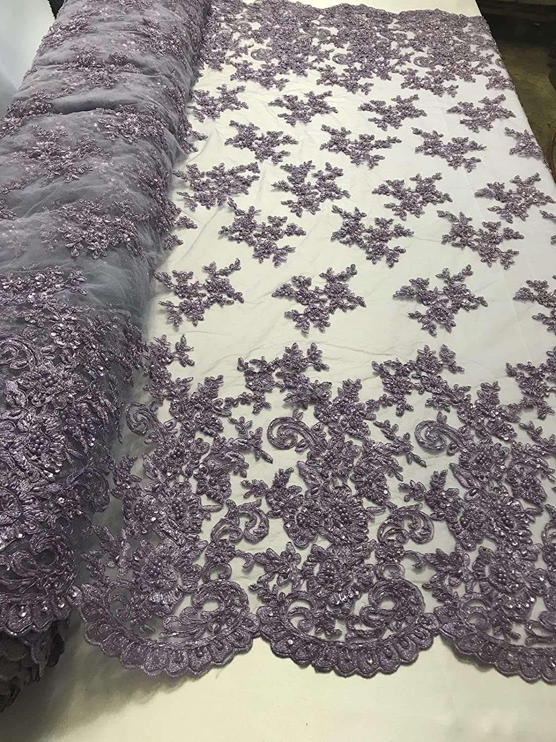 LAVENDER FASHION FLORAL DESIGN EMBROIDER WITH SEQUINS AND BEADS ON A MESH-YARD