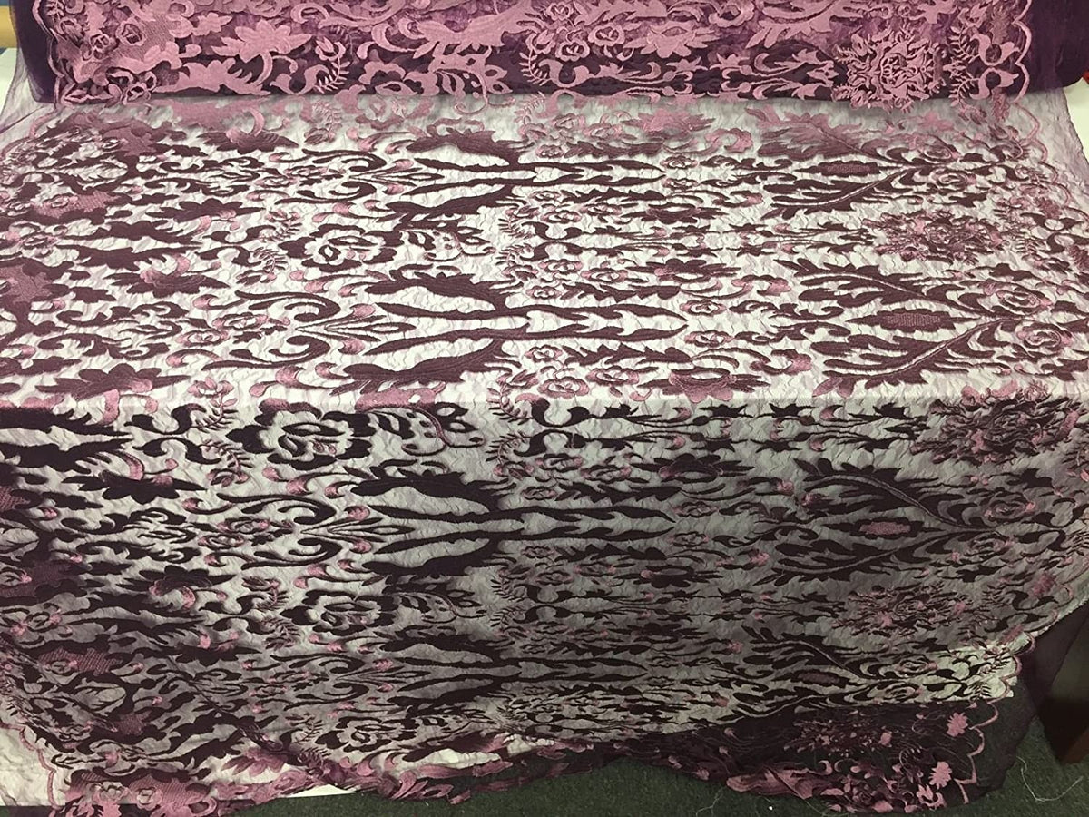 Dk-lilac Damask Design Embroider On A 2way Stretch Mesh Lace Fabric-new-