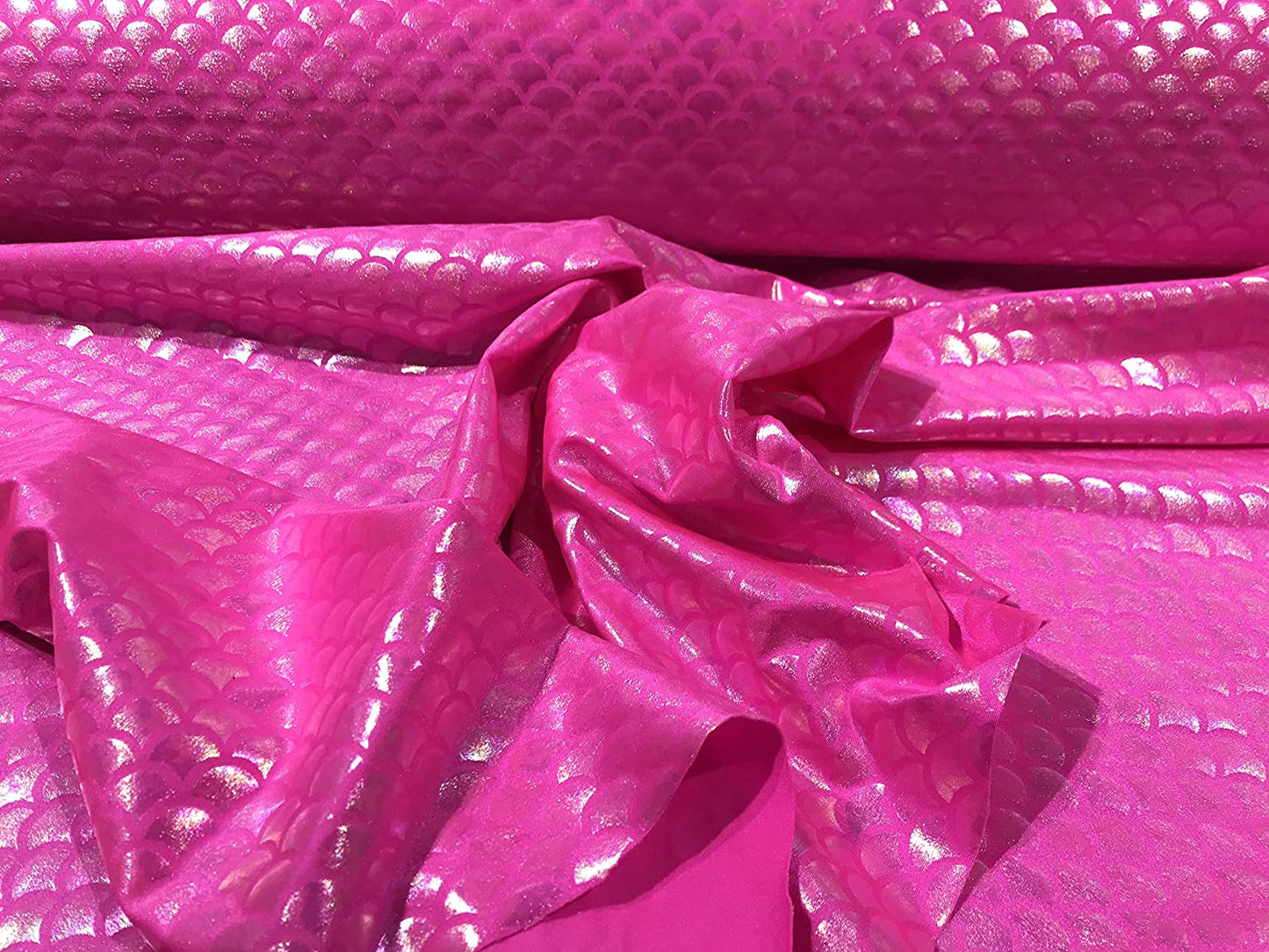 Mermaid Iridescent Illusion Spandex Fabric Fish Scale 4 Way Stretch (Hot Pink, 1 Yard)