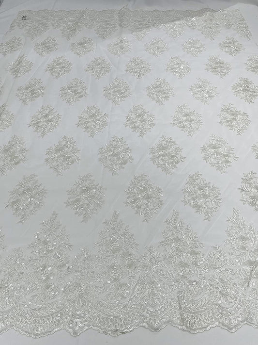 Emma Design Floral Corded Embroider with Sequins, Solid and with Glitter Mesh Lace Fabric (1 Yard, Solid Mesh Off White)