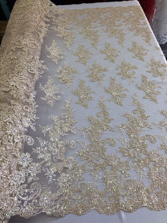 CHAMPAGNE FLORAL DESIGN EMBROIDERY WITH IRIDESCENT SEQUIN ON A MESH-SOLD BY YARD