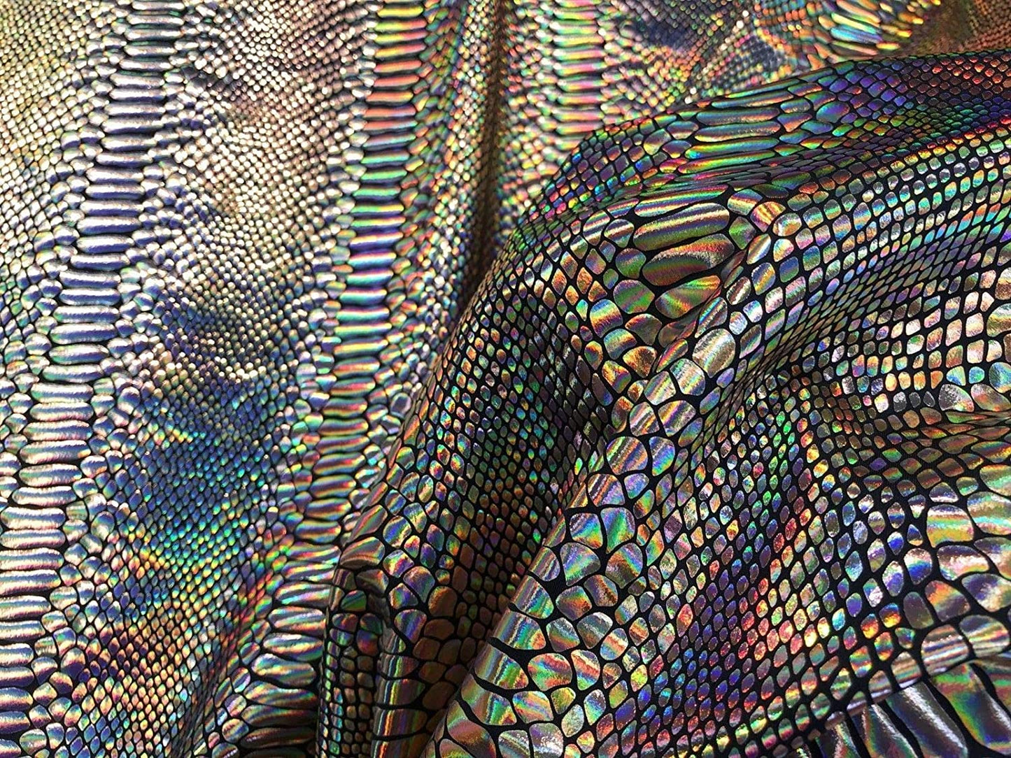 Iridescent Snake Skin Print On A Nylon 2 Way Stretch Spandex Fabric BY The Yard. (Gold on Black)