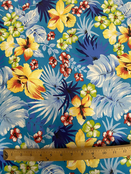 65% Polyester 35% Cotton Hawaiian Print Poly/Cotton Fabric, Good for Face Mask Covers (Yellow on Aqua Blue, 1 Yard)