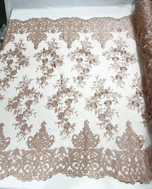 54" Wide Elegant Flower Damask Flat Lace Embroidery On A Mesh (1 Yard, Khaki)