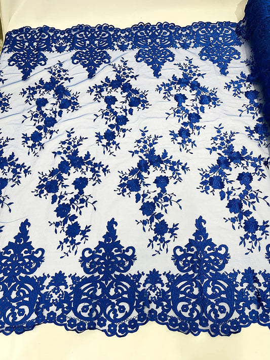 54" Wide Elegant Flower Damask Flat Lace Embroidery On A Mesh (1 Yard, Royal Blue)