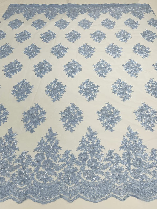 Emma Design Floral Corded Embroider with Sequins, Solid and with Glitter Mesh Lace Fabric (1 Yard, Solid Mesh Light Blue)