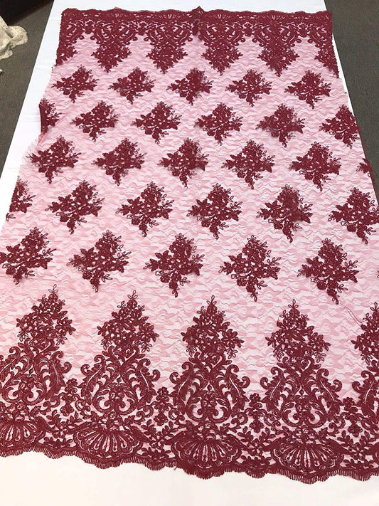 BURGUNDY DAMASK LACE EMBROIDERY ON A TEXTURE MESH-BY YARD.