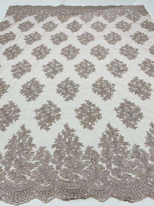 Emma Design Floral Corded Embroider with Sequins, Solid and with Glitter Mesh Lace Fabric (1 Yard, Solid Mesh Mauve)