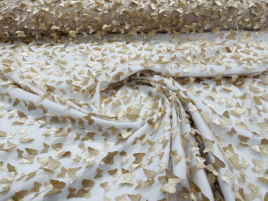 Metallic Edge 3-D Butterfly Design Embroidered On A Mesh Fabric (1 Yard, Champagne)