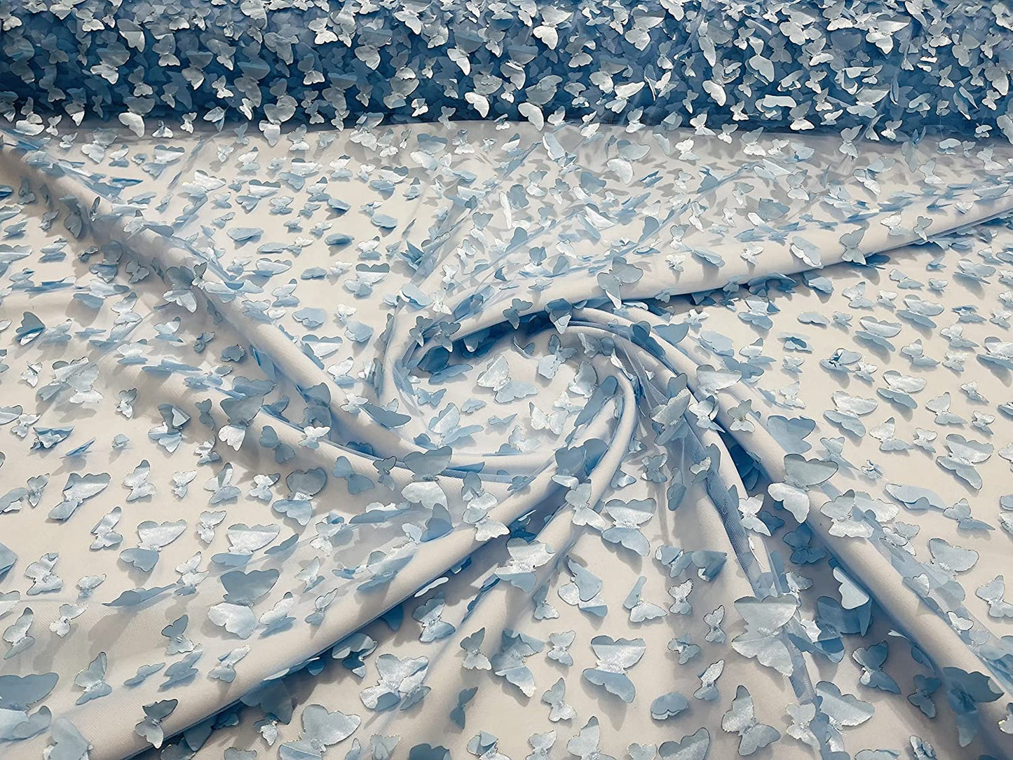 Metallic Edge 3-D Butterfly Design Embroidered On A Mesh Fabric (1 Yard, Light Blue)