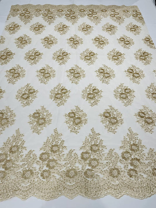 Emma Design Floral Corded Embroider with Sequins, Solid and with Glitter Mesh Lace Fabric (1 Yard, Glitter Mesh Gold on Gold Mesh)