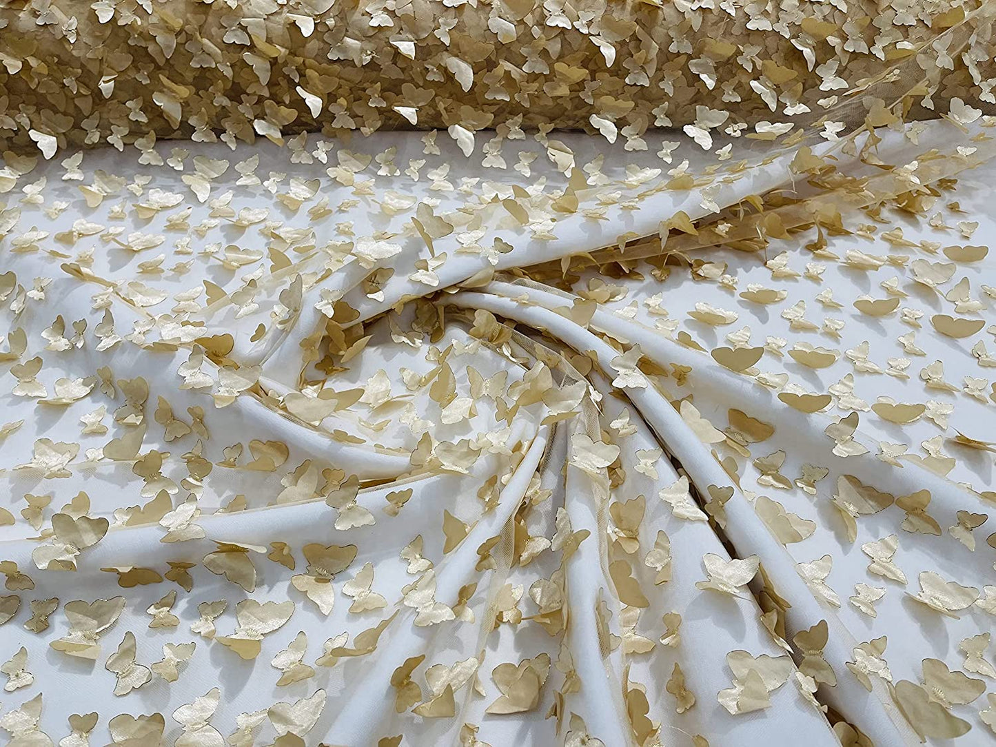 Metallic Edge 3-D Butterfly Design Embroidered On A Mesh Fabric (1 Yard, Gold)