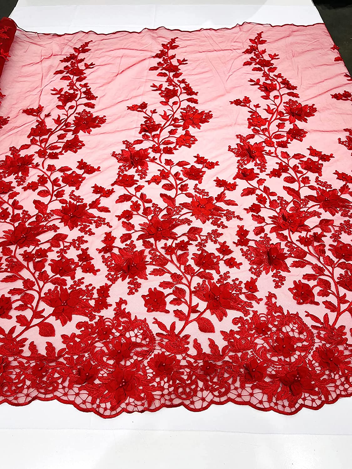 Emily 3-D Floral Design Embroider with Pearls On A Mesh Lace Fabric (1 Yard, Red)