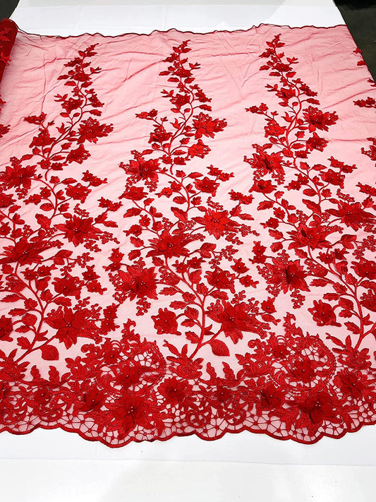 Emily 3-D Floral Design Embroider with Pearls On A Mesh Lace Fabric (1 Yard, Red)