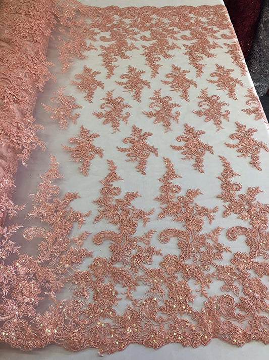 CORAL FLORAL DESIGN EMBROIDERY WITH IRIDESCENT SEQUIN ON A MESH-SOLD BY YARD