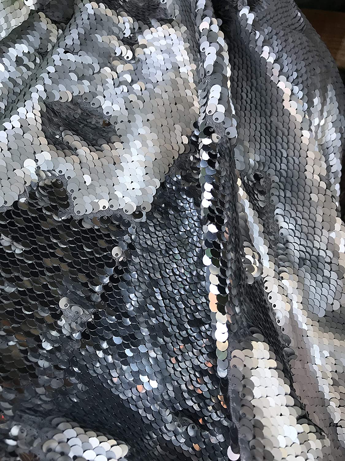 54" Wide Mermaid Flip Up Sequin Reversible Sparkly Fabric for Dress Clothing Making, Home Decor (Shiny Silver & Matt Silver, by The Yard)