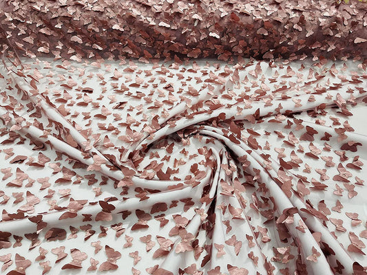 Metallic Edge 3-D Butterfly Design Embroidered On A Mesh Fabric (1 Yard, Mauve)